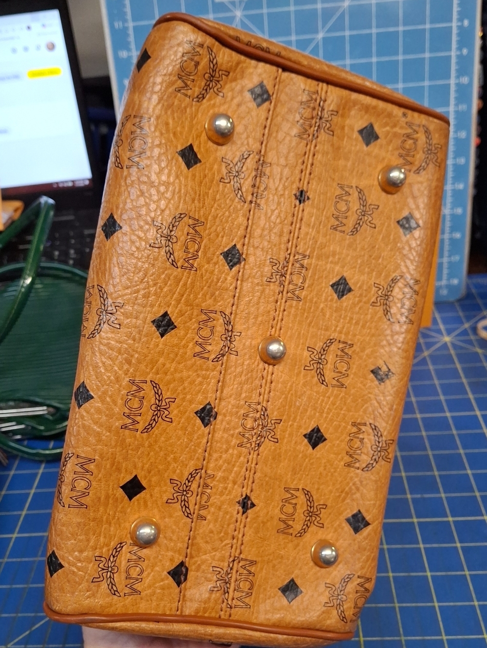 MCM Cognac Visetos Monogram Satchel Gold Hardware Removable Adj Strap Preloved - Picture 6 of 16